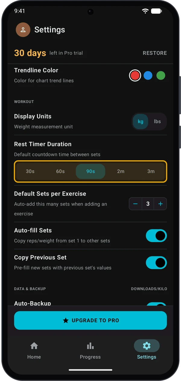 Settings WORKOUT section with Rest Timer Duration options highlighted
