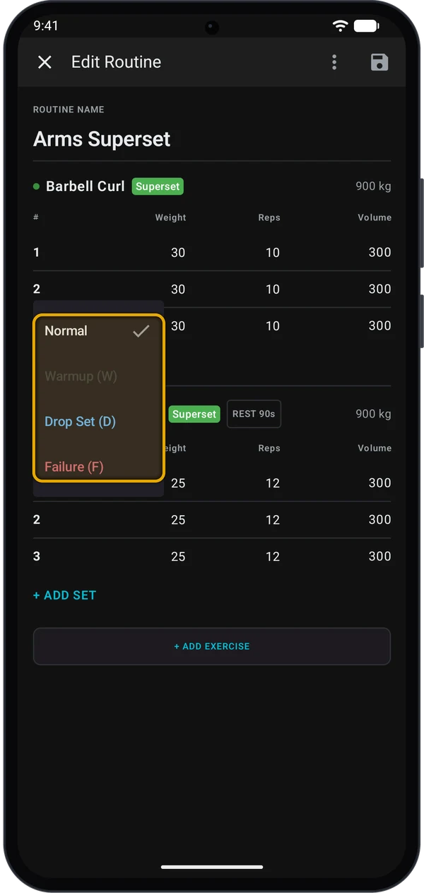 Set type menu open in the routine editor with the menu highlighted