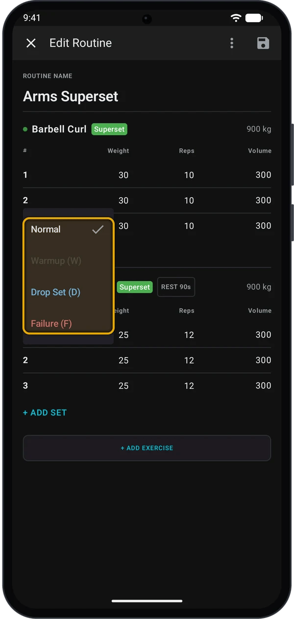 Set type menu open in the routine editor with the menu highlighted