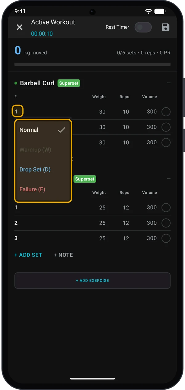 Set type menu with Normal, Warmup (W), Drop Set (D) and Failure (F) open on set 1, with the set number highlighted