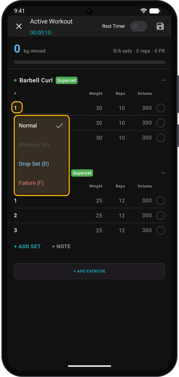 Set type menu with Normal, Warmup (W), Drop Set (D) and Failure (F) open on set 1, with the set number highlighted