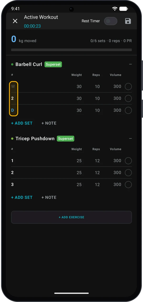 Barbell Curl with a W set, a normal set 2 and a D set, labels highlighted