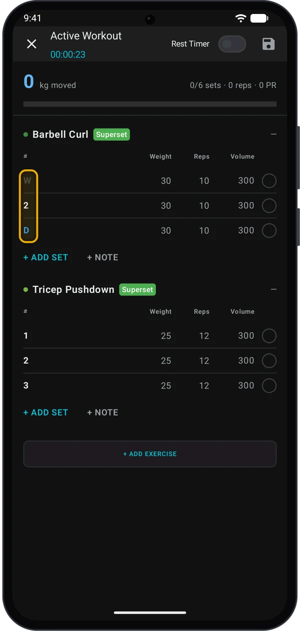 Barbell Curl with a W set, a normal set 2 and a D set, labels highlighted