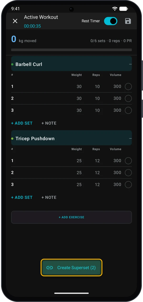 Two exercises selected with the Create Superset (2) button highlighted