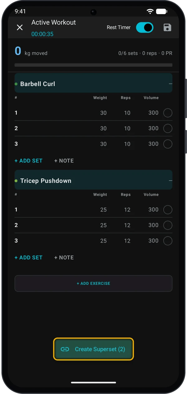 Two exercises selected with the Create Superset (2) button highlighted