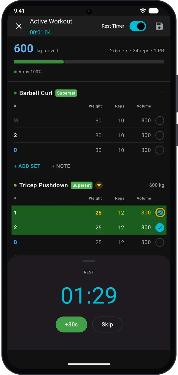 Rest countdown after ticking a Tricep Pushdown set, the last exercise in the superset