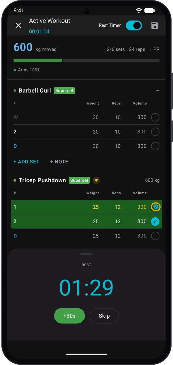 Rest countdown after ticking a Tricep Pushdown set, the last exercise in the superset