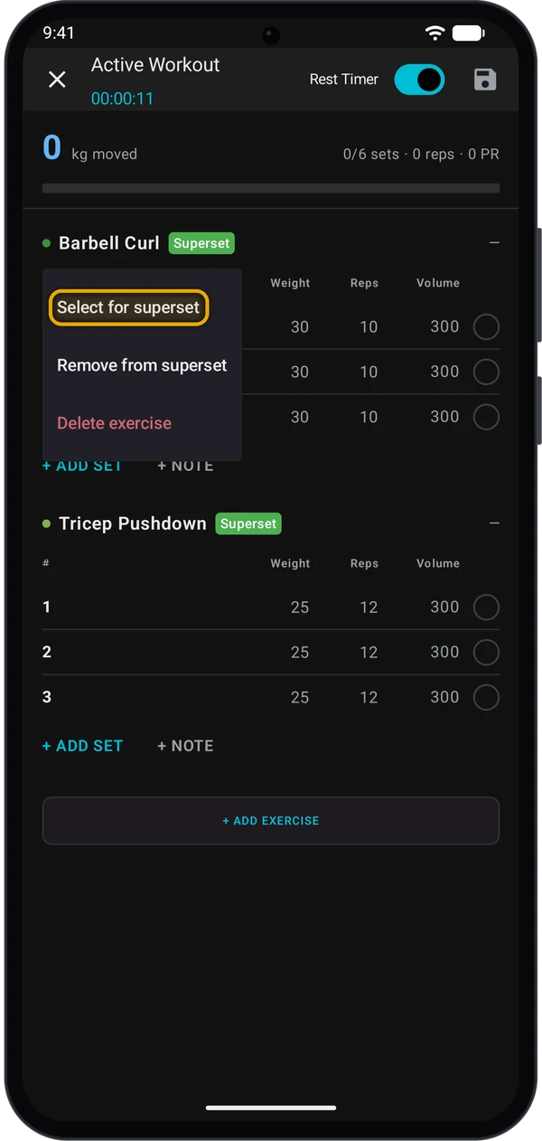 Exercise menu with Select for superset highlighted