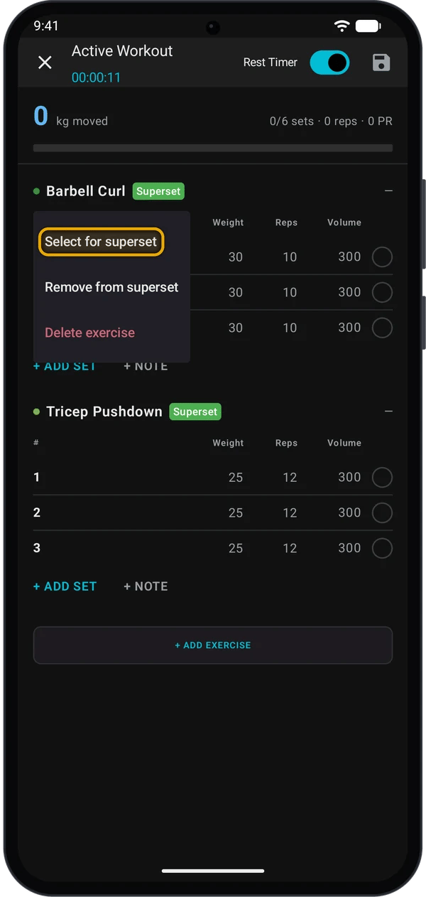 Exercise menu with Select for superset highlighted