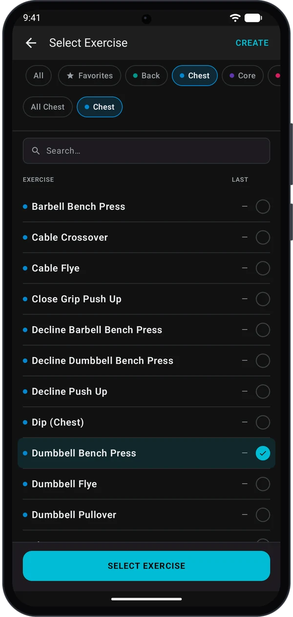 Select Exercise picker filtered to Chest with Dumbbell Bench Press selected