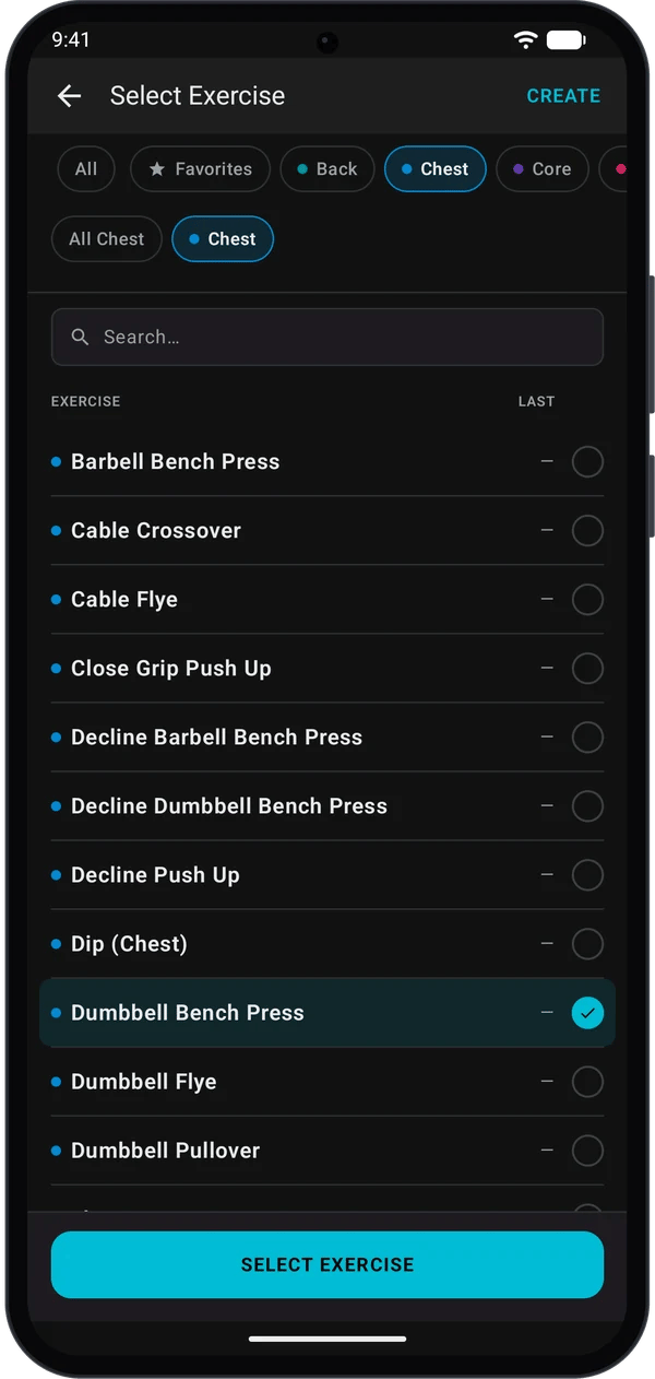 Select Exercise picker filtered to Chest with Dumbbell Bench Press selected