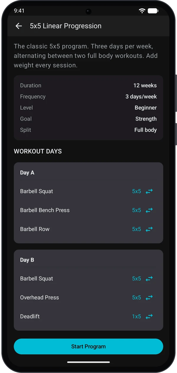 5x5 Linear Progression review screen with a swap icon on each exercise row