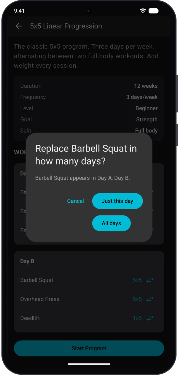 Dialog asking Replace Barbell Squat in how many days, with Just this day and All days