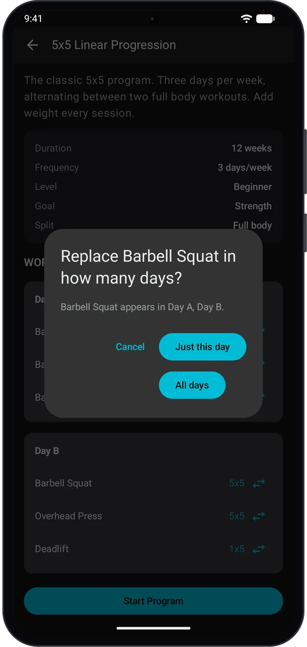 Dialog asking Replace Barbell Squat in how many days, with Just this day and All days