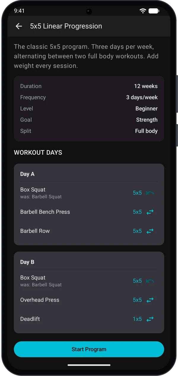 Day A and Day B both showing Box Squat with was: Barbell Squat underneath