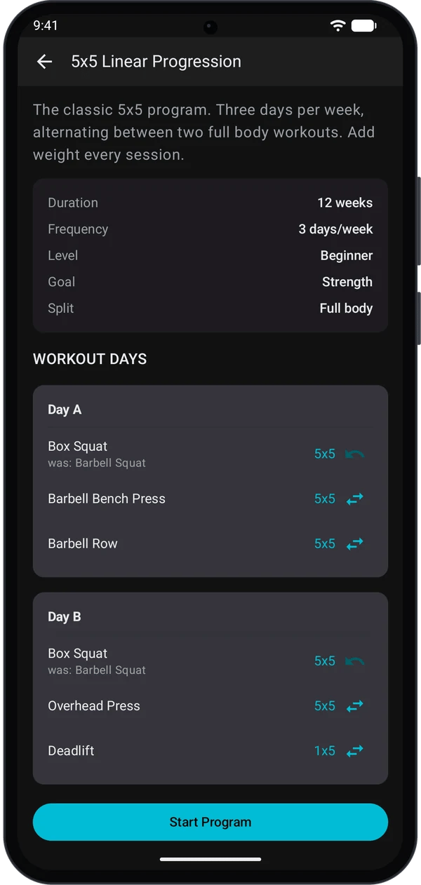 Day A and Day B both showing Box Squat with was: Barbell Squat underneath