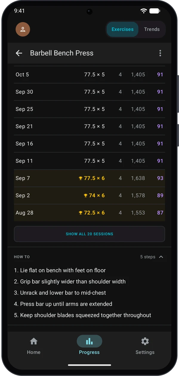History rows with trophy-marked PR sessions and the expanded HOW TO steps