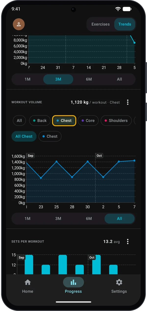 Workout Volume chart filtered to Chest with the region chips highlighted