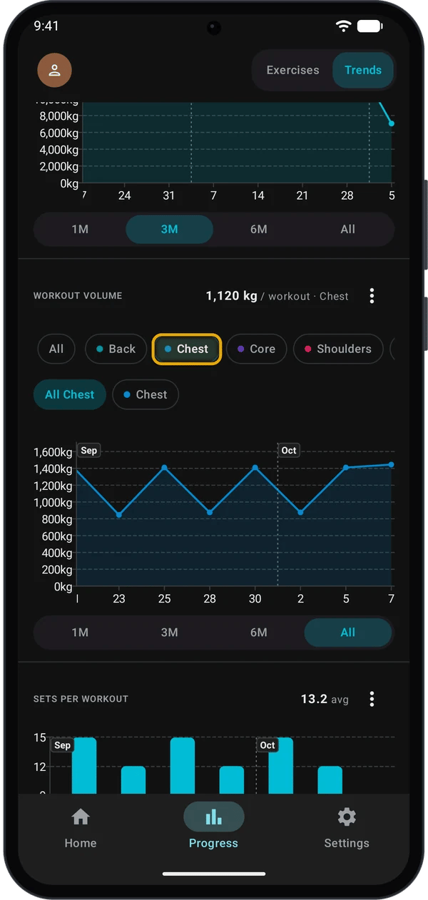 Workout Volume chart filtered to Chest with the region chips highlighted
