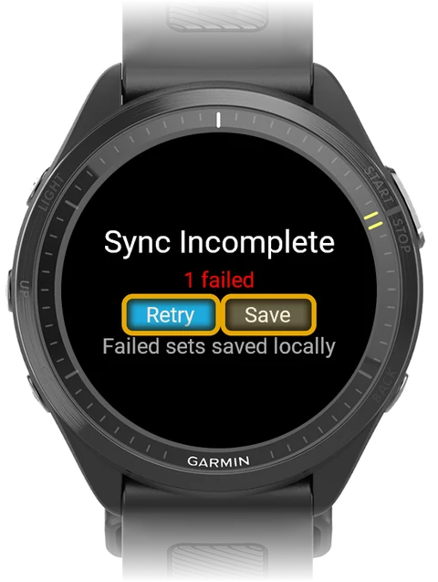Garmin watch Sync Incomplete screen with the Retry and Save buttons highlighted
