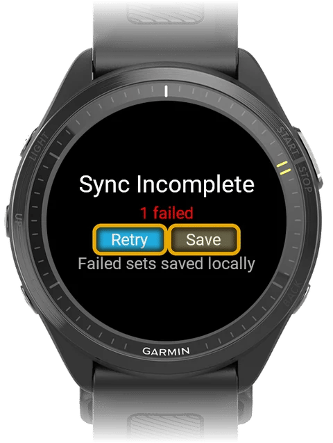 Garmin watch Sync Incomplete screen with the Retry and Save buttons highlighted