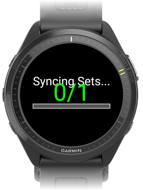 Garmin watch showing Syncing Sets with a progress count of 0 of 1