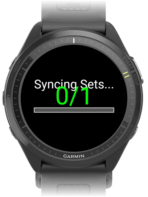 Garmin watch showing Syncing Sets with a progress count of 0 of 1
