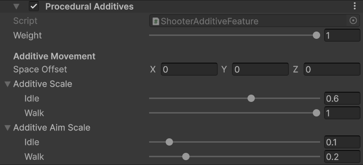 Shooter Procedural Additives feature with idle, walk, and aiming scales