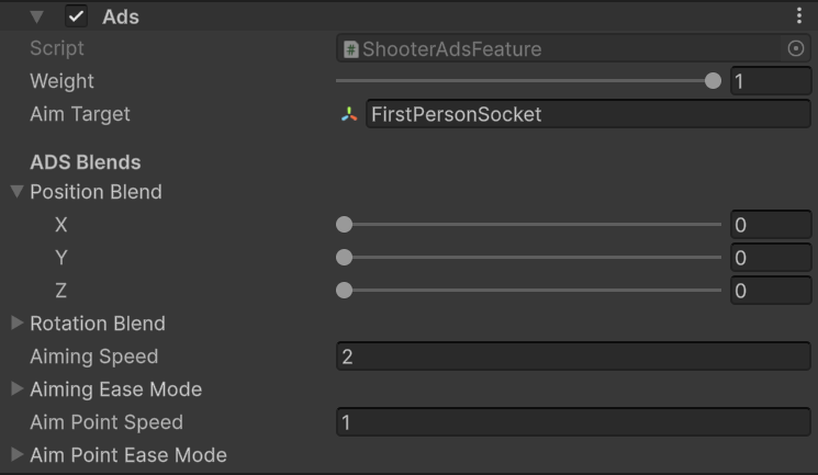 Shooter ADS feature with aim target, blend, and speed settings