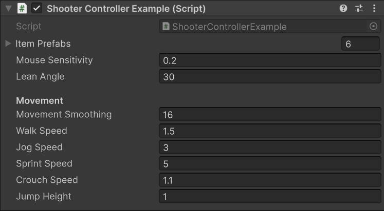 Example player Inspector with Gameplay Framework and Shooter Core components