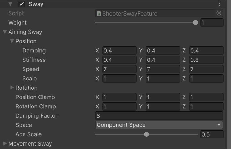 Shooter Sway feature with aiming and movement spring settings