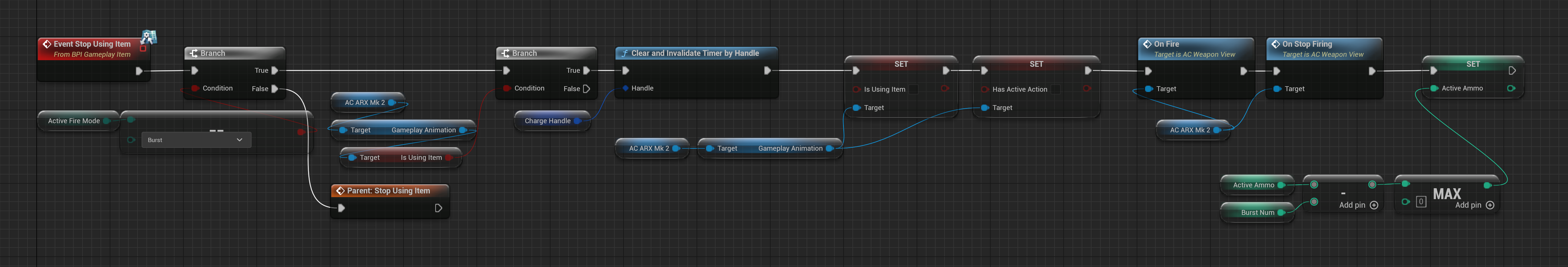 BP ARX Mk2 Event Graph returning the pack view component, fire rate, and authored aim point