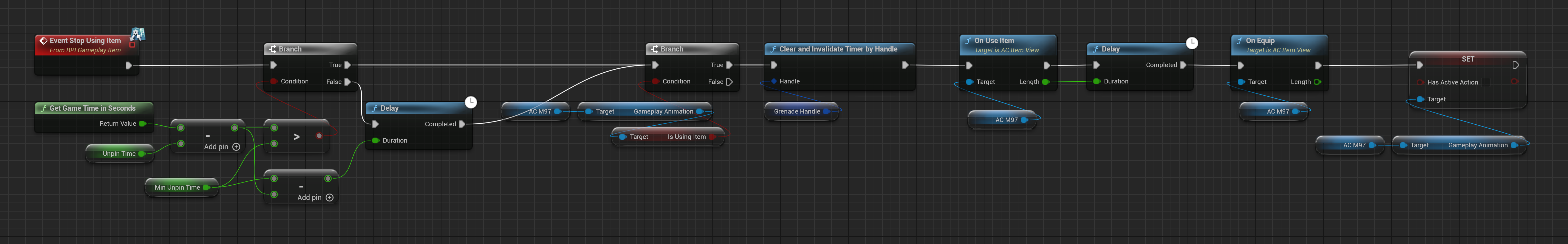 BP M97 Event Graph completing grenade release timing and custom Can Aim behavior