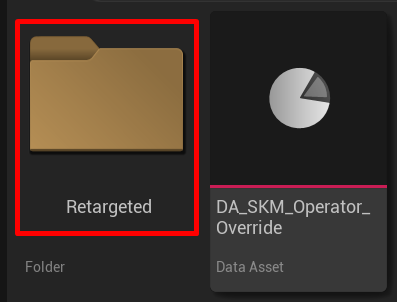 Unreal Content Browser showing the Retargeted folder and DA_SKM_Operator_Override data asset