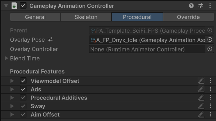 Gameplay Animation Controller Procedural tab with runtime adjustments