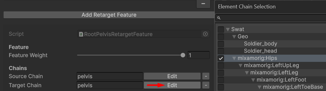 Edit button for assigning bones to a retarget feature