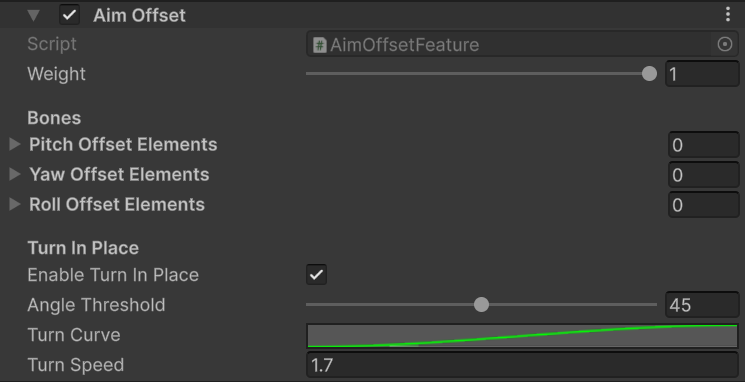 Aim Offset feature with pitch, yaw, roll, and turn-in-place settings