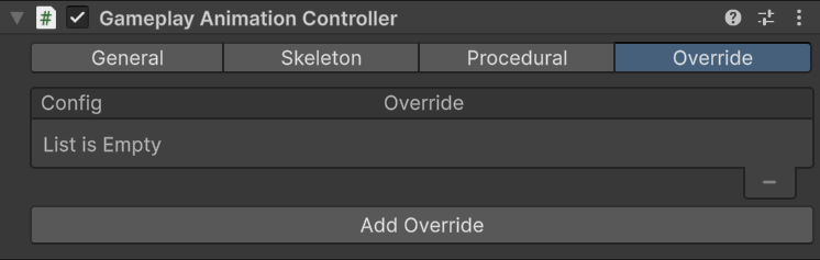 Gameplay Animation Controller Override tab with an animation override list