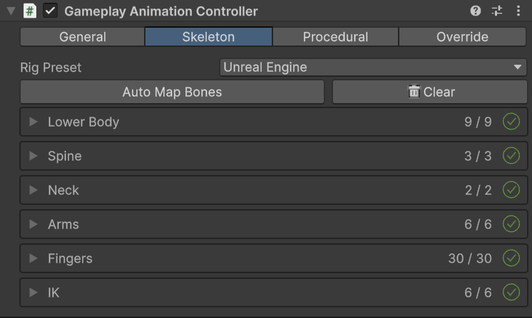 Gameplay Animation Controller Skeleton tab with every humanoid group mapped