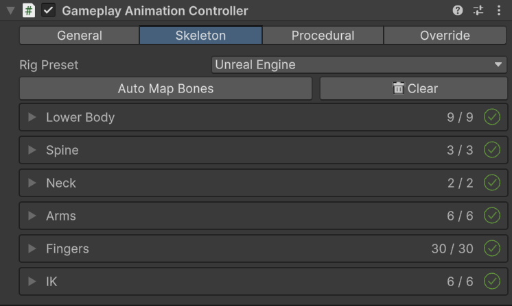 Gameplay Animation Controller Skeleton tab with every humanoid group mapped