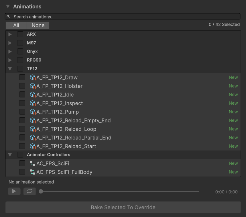 Animation Override Retarget Animations tab with weapon groups and Animator Controllers