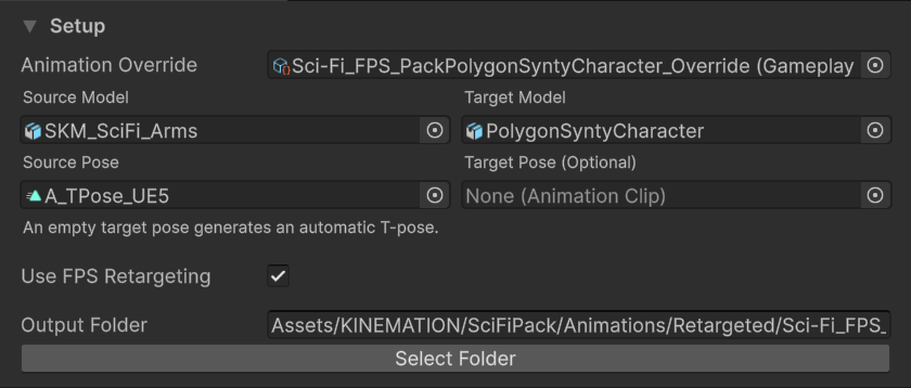 Animation Override Retarget Setup tab configured for a custom target character