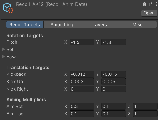 Recoil Anim Data properties in the Unity Inspector