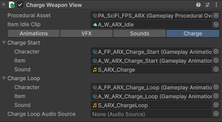 Charge Weapon View with charge-start, charge-loop, and charge audio settings