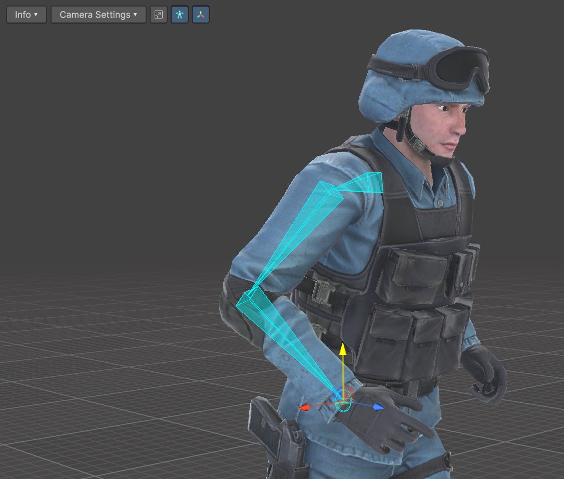 Retargeted character with bone renderer and gizmos