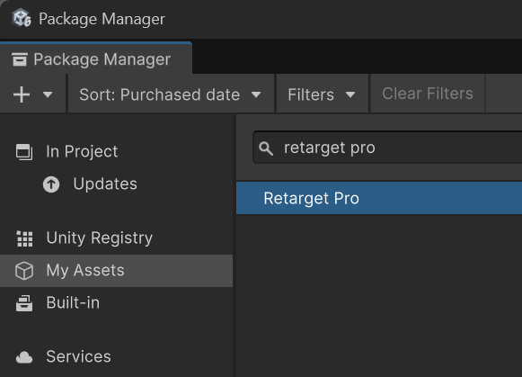 Unity Package Manager showing Retarget Pro