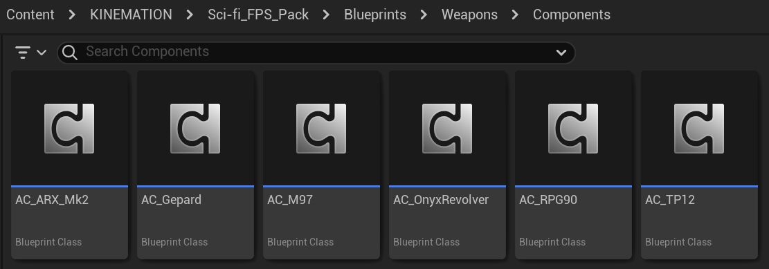 Sci-Fi weapon view components in the Content Browser