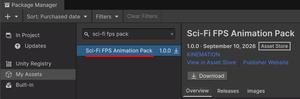 Sci-Fi FPS Pack selected in Unity Package Manager