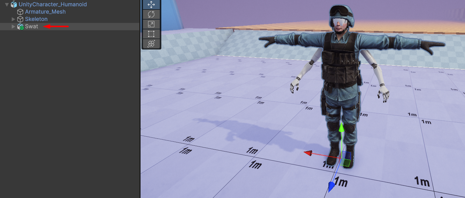 Target character added as a child of the source character in the Unity hierarchy