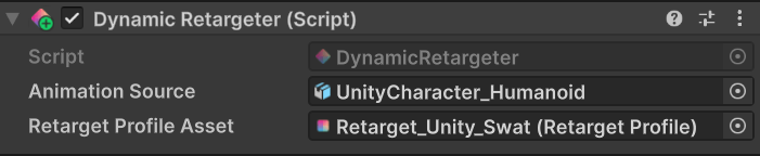 Dynamic Retargeter component added to the target character with source and profile references